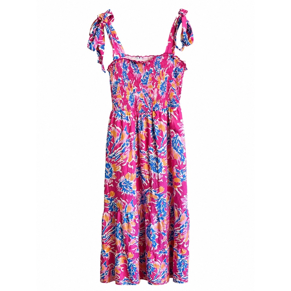 Kate Kasin Smocked Maxi Dress Medium Pink Floral Tie Strap NWT Pockets